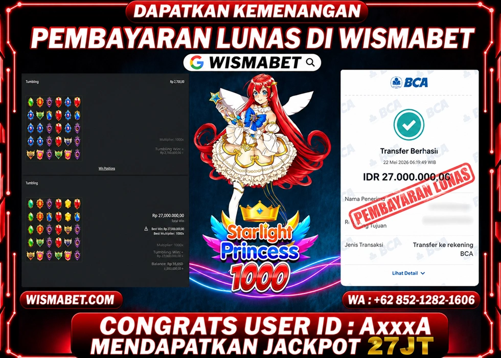 WISMABET - BUKTI KEMENANGAN Starlight Princess x1000 Rp27,000,000,- LUNAS